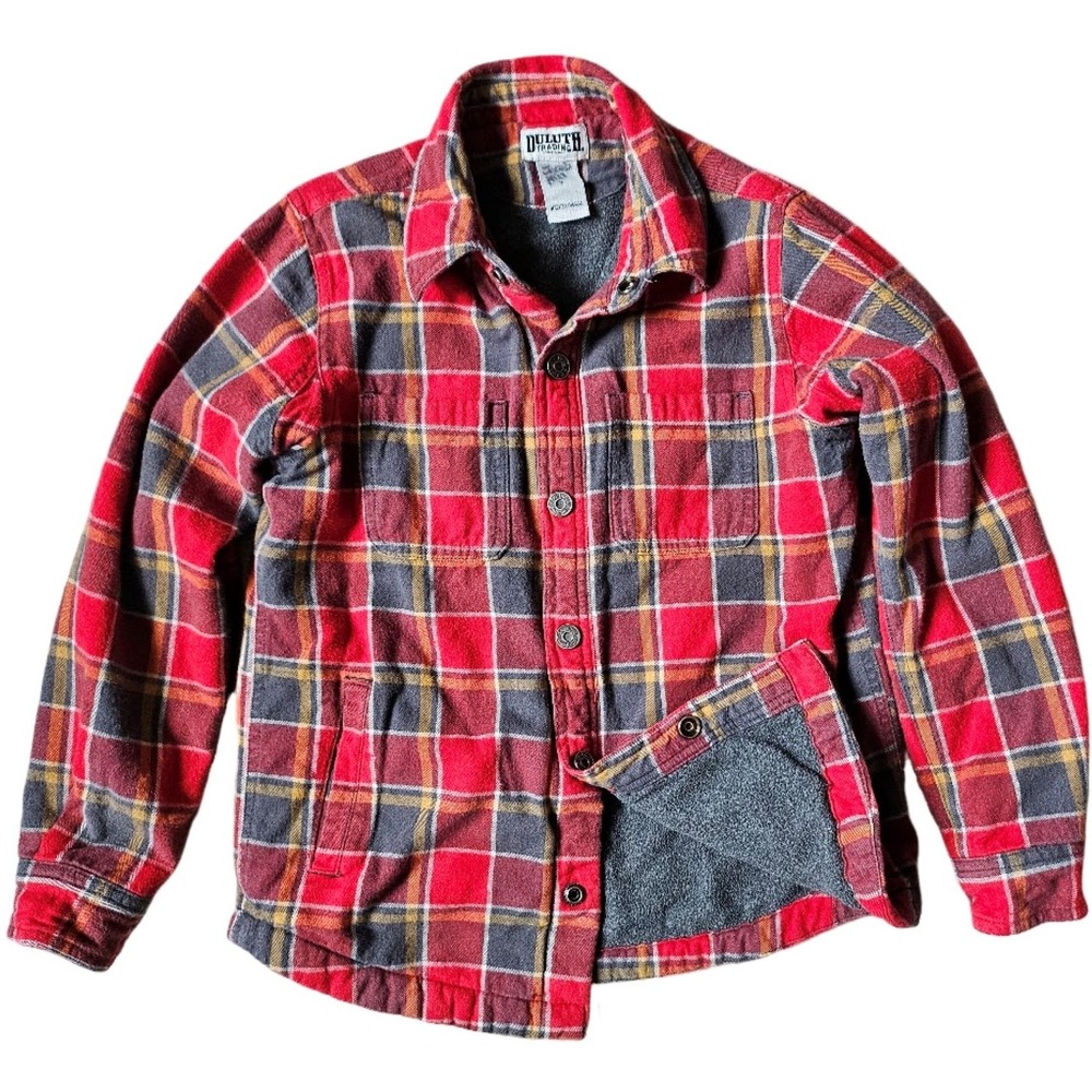 Duluth Boys Sz 7 Plaid Flannel Thick Lined Jacket Top Snap Down Red Gray